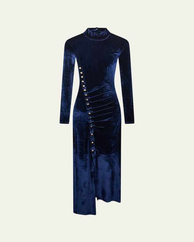 Mock-Neck Asymmetric Ruched Velvet Midi Dress